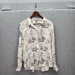 H&M Womens Long Sleeve Button-Down Shirt With Nature Print Size L